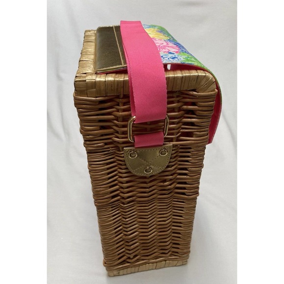 Wicker Wine Tote Lily Pulitzer Picnic Carrier Picnic Tote - Adjustable Strap EUC - Picture 7 of 16